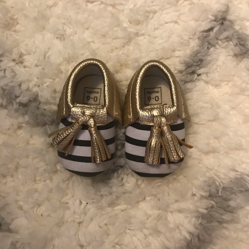 0-6 Months Gold Black & White Baby Moccasins